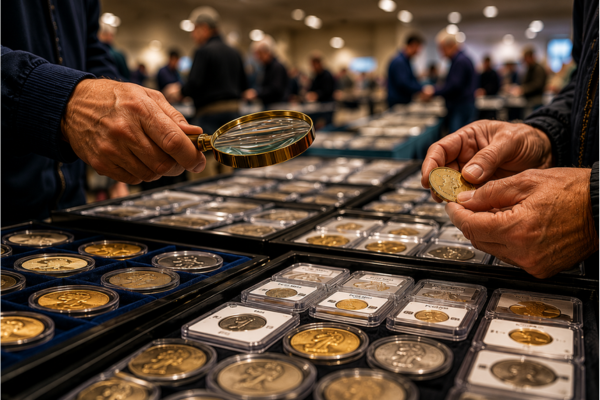 Coin show tables with collections on display