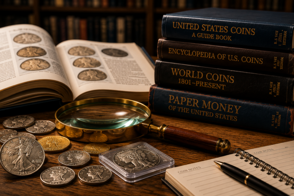 Numismatic reference books on a shelf